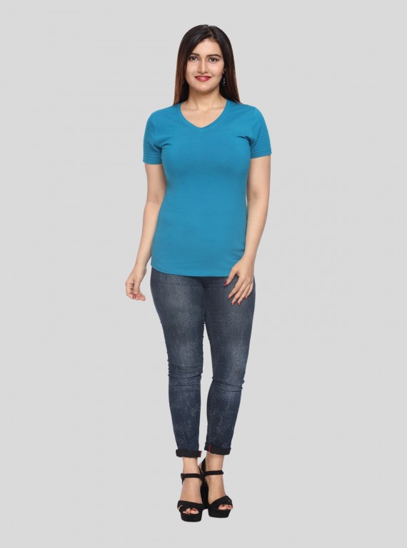 Womens Blue V Neck Tee
