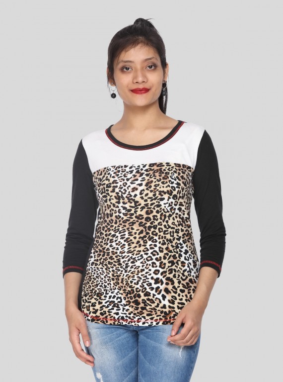 Women’s Animal Print Round Neck Top with 3/4th Sleeves in Cotton Jersey | Boer & Fitch