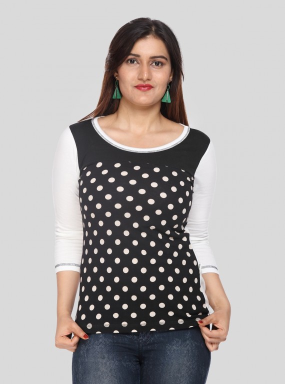 Women's Black Bold Polka Dot Print Long Sleeve Top in Cotton Jersey | Boer & Fitch