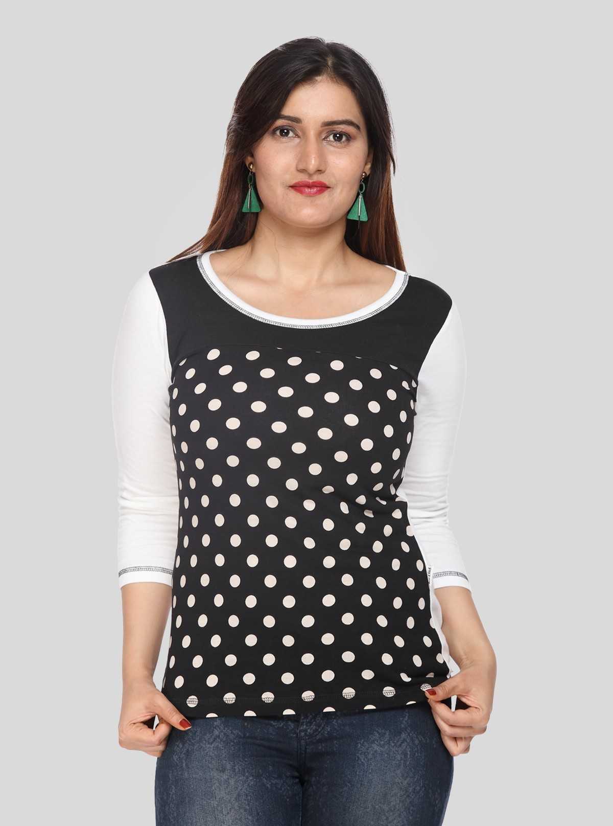Women's Black Bold Polka Dot Print Long Sleeve Top in Cotton Jersey | Boer & Fitch