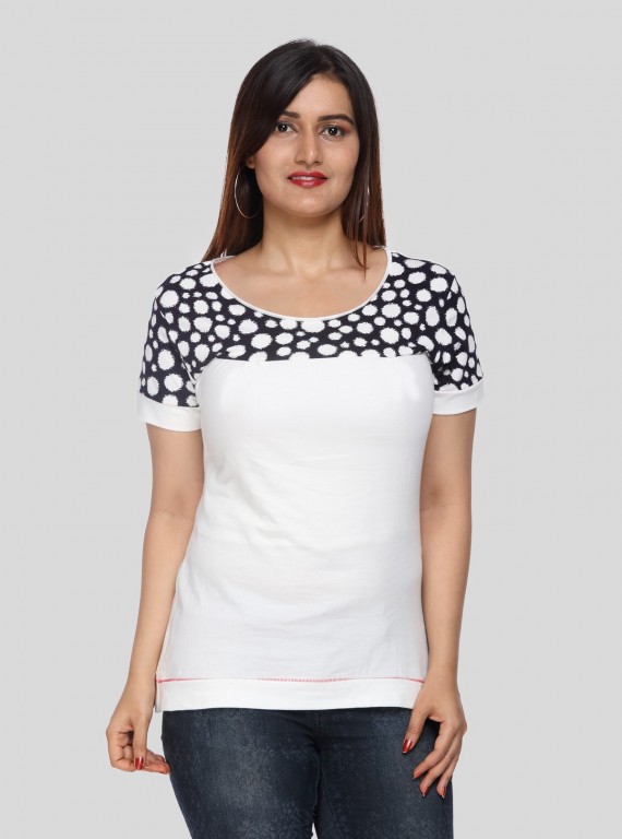 Women's White Broad Polka Dot Cut and Sew Cotton Jersey Top by Boer & Fitch