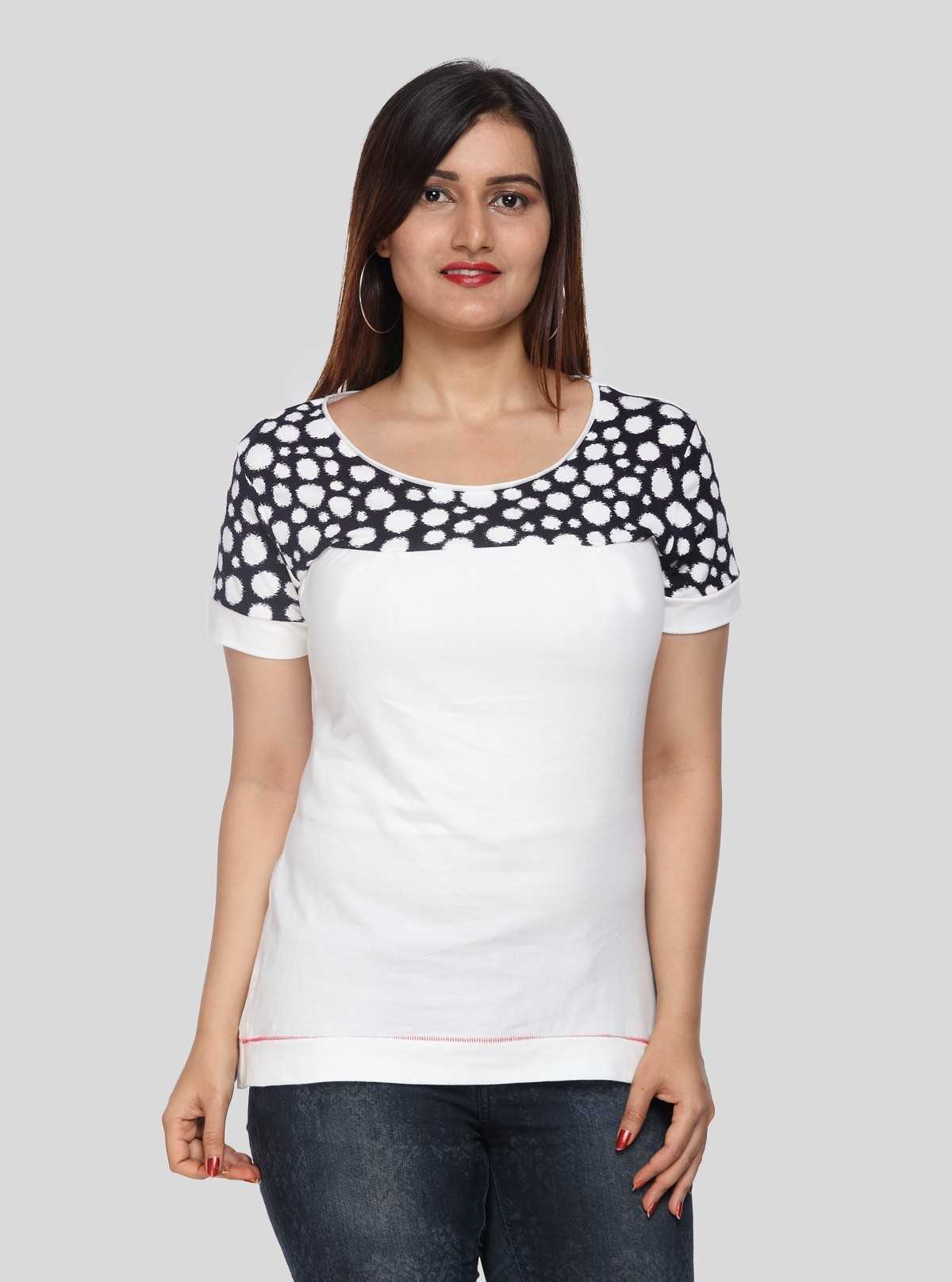 Women's White Broad Polka Dot Cut and Sew Cotton Jersey Top by Boer & Fitch