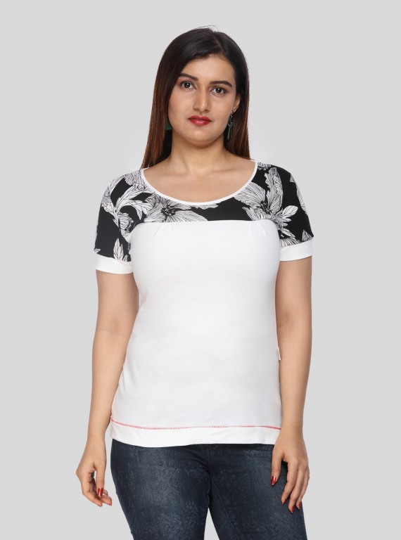 Women's Ecru Floral Cut and Sew Top in Cotton Elastane Jersey by Boer & Fitch