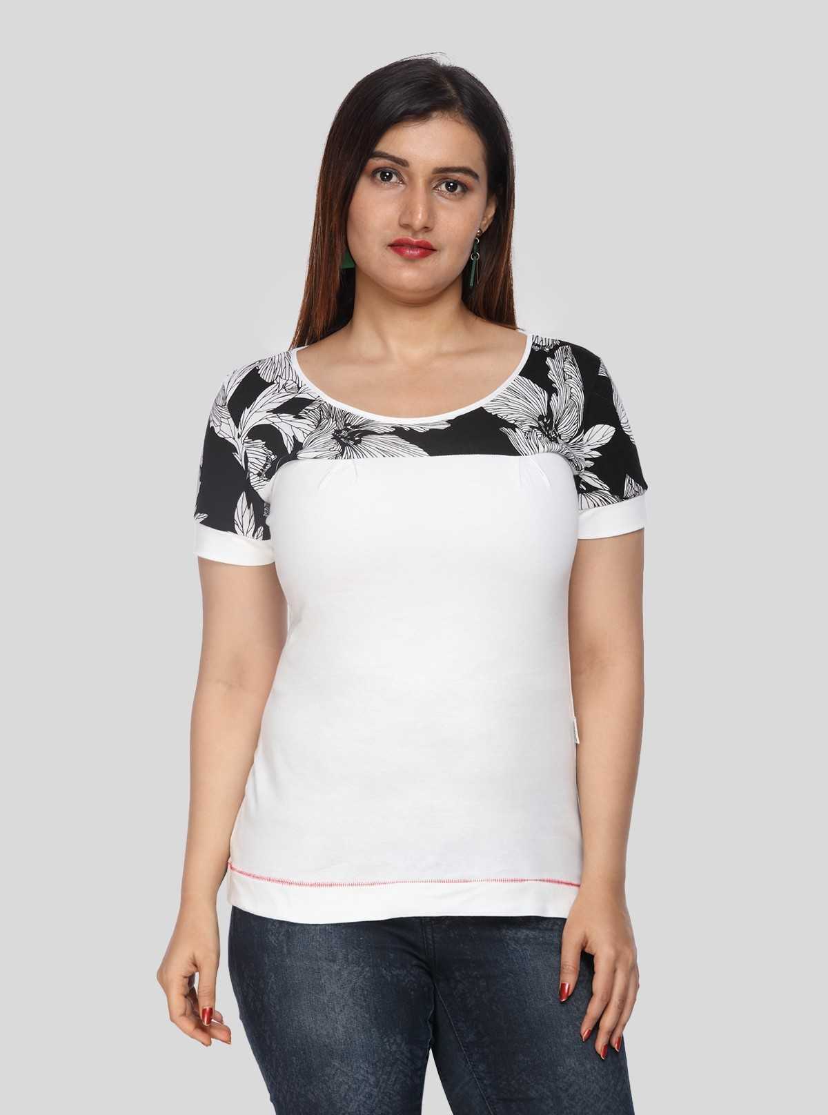 Women's Ecru Floral Cut and Sew Top in Cotton Elastane Jersey by Boer & Fitch