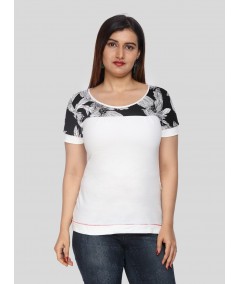 Women's Ecru Floral Cut and Sew Top in Cotton Elastane Jersey by Boer & Fitch