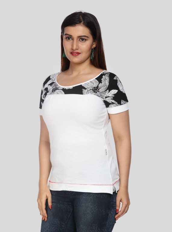 White Floral Cut & Sew Womens Top