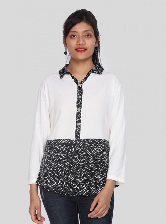 Women's Black Polka Dot Collared Neck Top with Long Sleeves – Cotton Jersey | Boer & Fitch