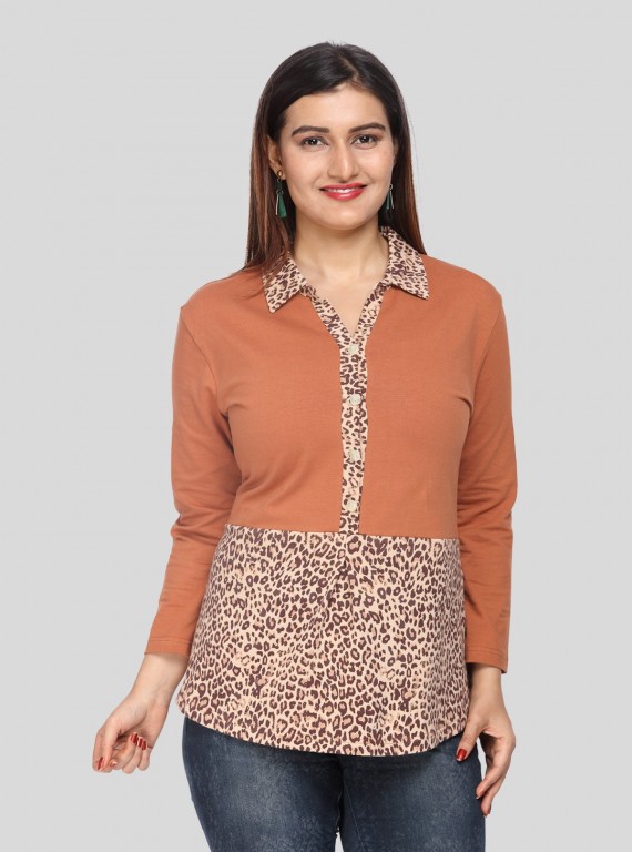 Women's Dusted Brown Cheetah Print Collared Neck Cotton Jersey Top with Long Sleeves | Boer & Fitch