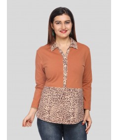 Women's Dusted Brown Cheetah Print Collared Neck Cotton Jersey Top with Long Sleeves | Boer & Fitch