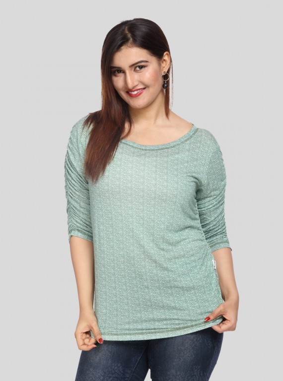 Women's Green All-Over Printed Pleated Sleeve Cotton Jersey Top | Boer & Fitch