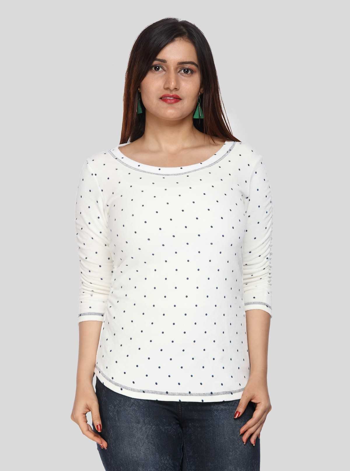 Women's Off-White Scoop Neck Polka Dot Cotton Rib Knit Long Sleeve Top