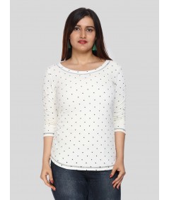 Women's Off-White Scoop Neck Polka Dot Cotton Rib Knit Long Sleeve Top