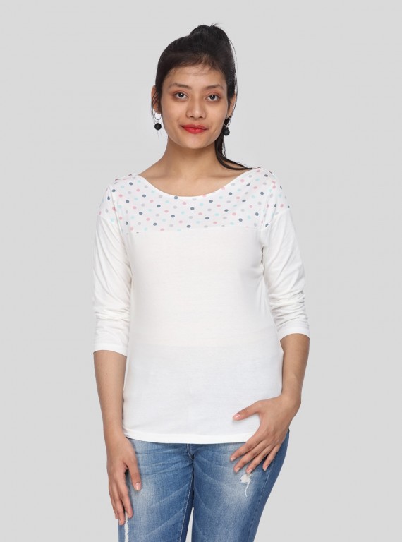 Women's Ecru Scoop Neck Polka Dot Panel Top – Cotton Jersey Knit