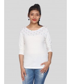 Women's Ecru Scoop Neck Polka Dot Panel Top – Cotton Jersey Knit