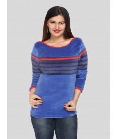 Women’s Ink Blue Engineered Stripe Sweat Top with Boat Neck – Cotton Blend