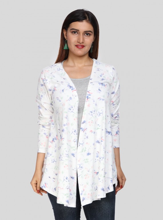 Women's White Cotton Shrug with All Over Blue Print – 100% Cotton