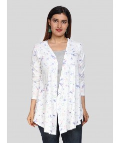 Women's White Cotton Shrug with All Over Blue Print – 100% Cotton