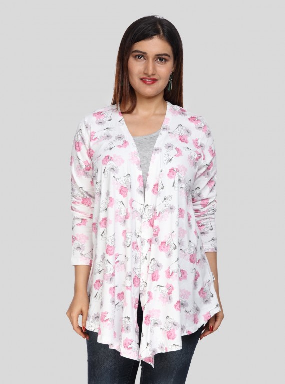 Women's White Cotton Shrug with All Over Pink Floral Print
