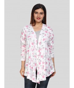 Women's White Cotton Shrug with All Over Pink Floral Print