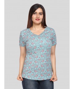Green Printed V-Neck Women TShirt