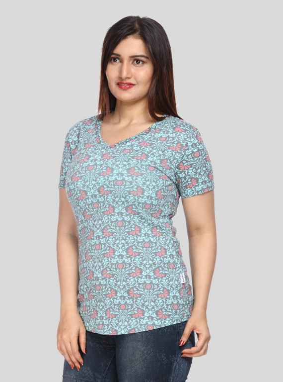 Women’s Green Printed V-Neck Cotton T-Shirt – Boer and Fitch