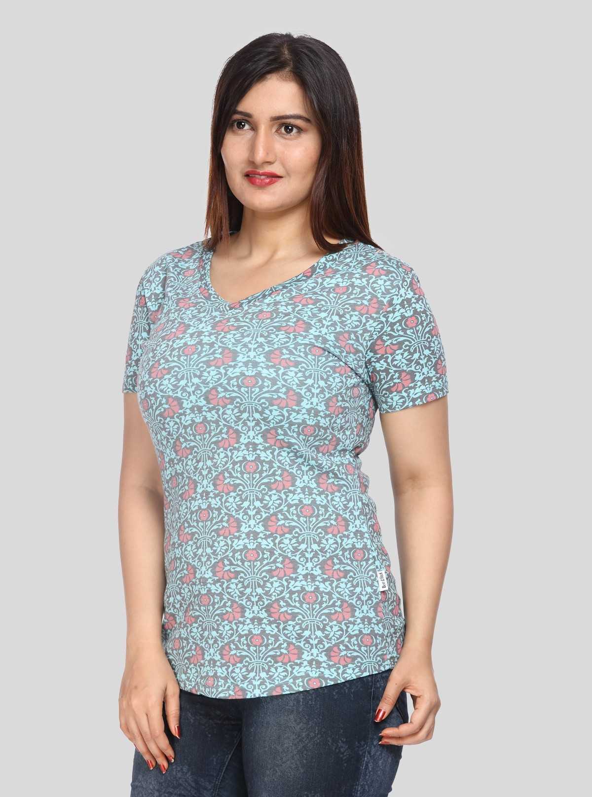 Women’s Green Printed V-Neck Cotton T-Shirt – Boer and Fitch