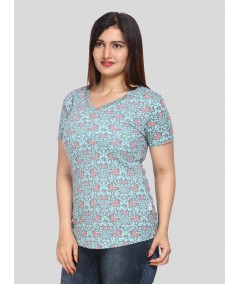 Women’s Green Printed V-Neck Cotton T-Shirt – Boer and Fitch