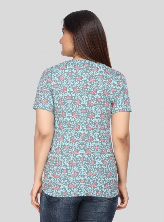 Green Printed V-Neck Women TShirt