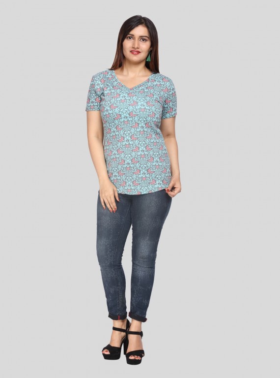 Green Printed V-Neck Women TShirt