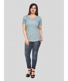 Green Printed V-Neck Women TShirt