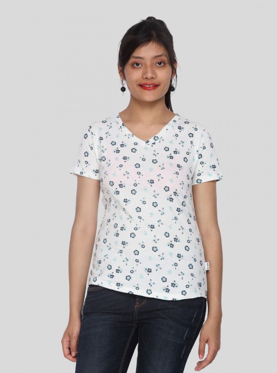 Women’s White Floral V-Neck Cotton Jersey Top – Boer and Fitch