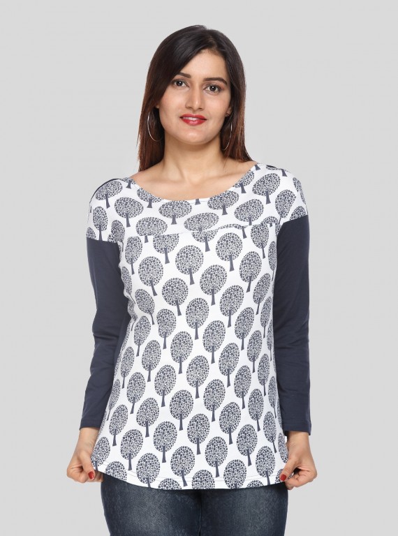 Women's Navy Printed Scoop Neck Top with Contrast Sleeves – Cotton Jersey