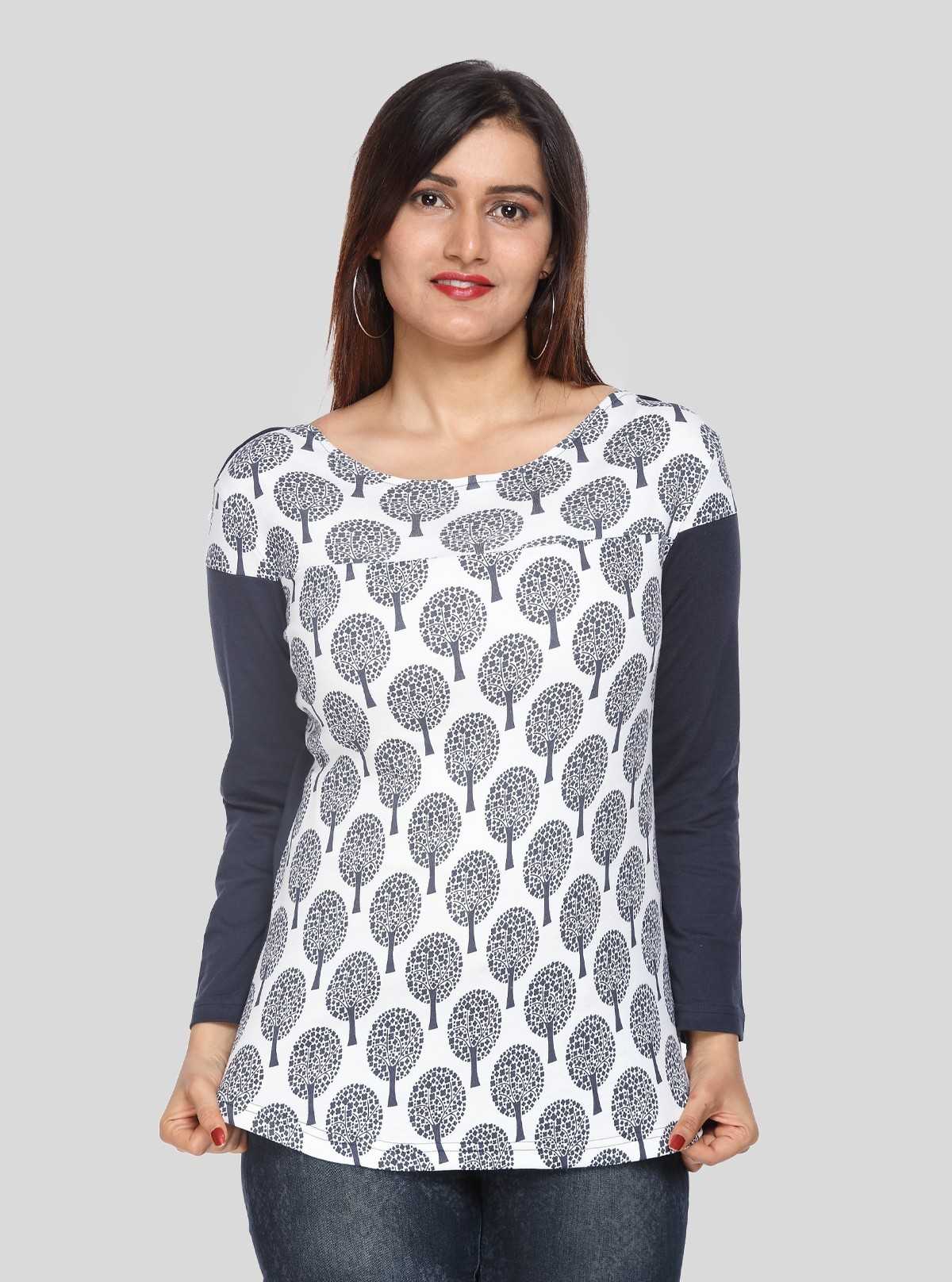 Women's Navy Printed Scoop Neck Top with Contrast Sleeves – Cotton Jersey
