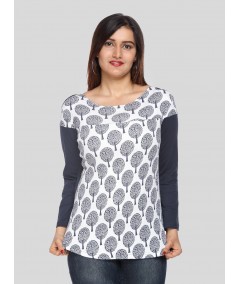 Women's Navy Printed Scoop Neck Top with Contrast Sleeves – Cotton Jersey