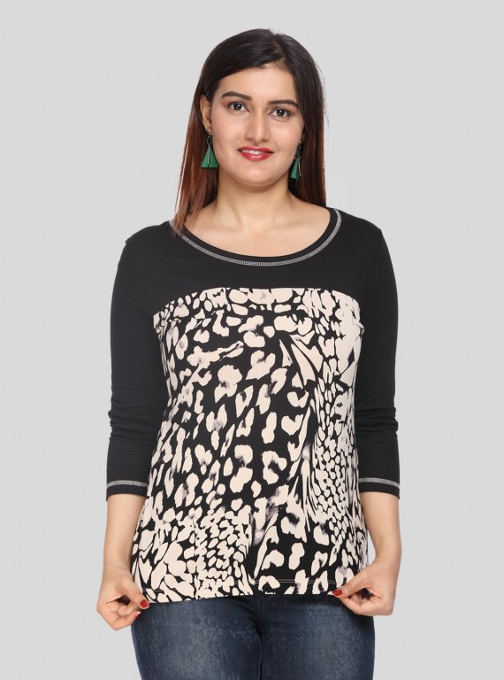 Women's Black Floral Print Cut and Sew Top in Cotton Jersey Fabric