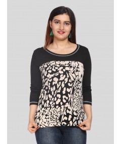 Women's Black Floral Print Cut and Sew Top in Cotton Jersey Fabric