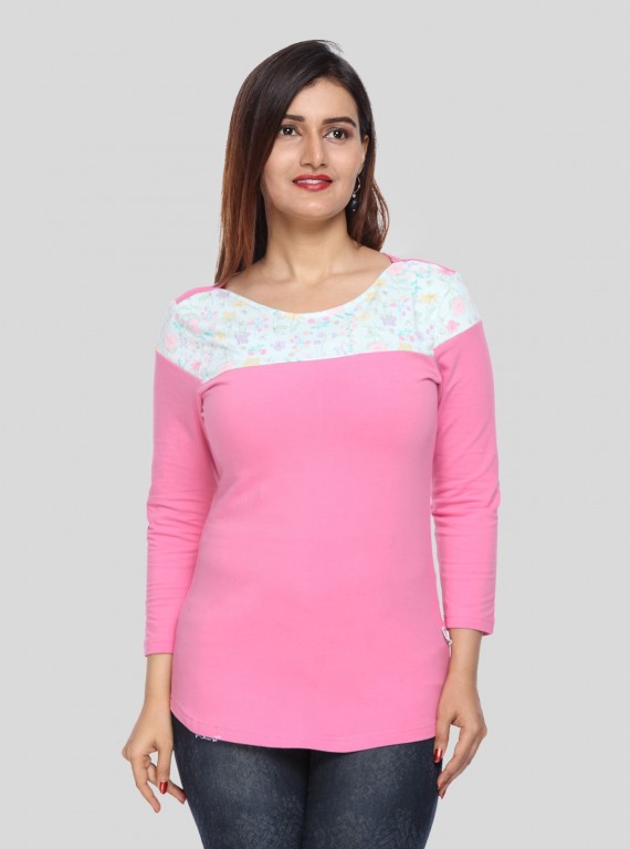Women's Pink Scoop Neck Creepy Floral Panel Top – Cotton Jersey Knit