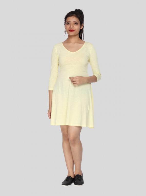 Women's Pastel Yellow Solid Cotton Dress in Feather Touch Fabric