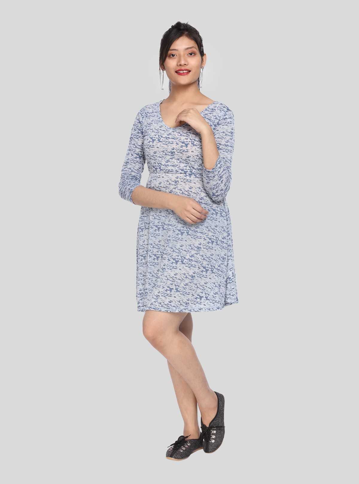 Women's Blue Solid Dress with Burnout Design in Cotton Feather Touch