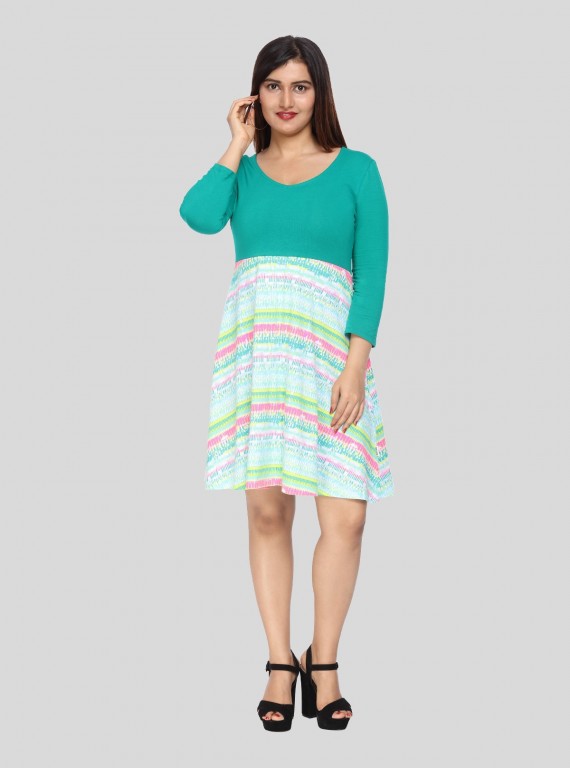Women's Green Graphic Sweep Dress in 100% Cotton Feather Touch Fabric