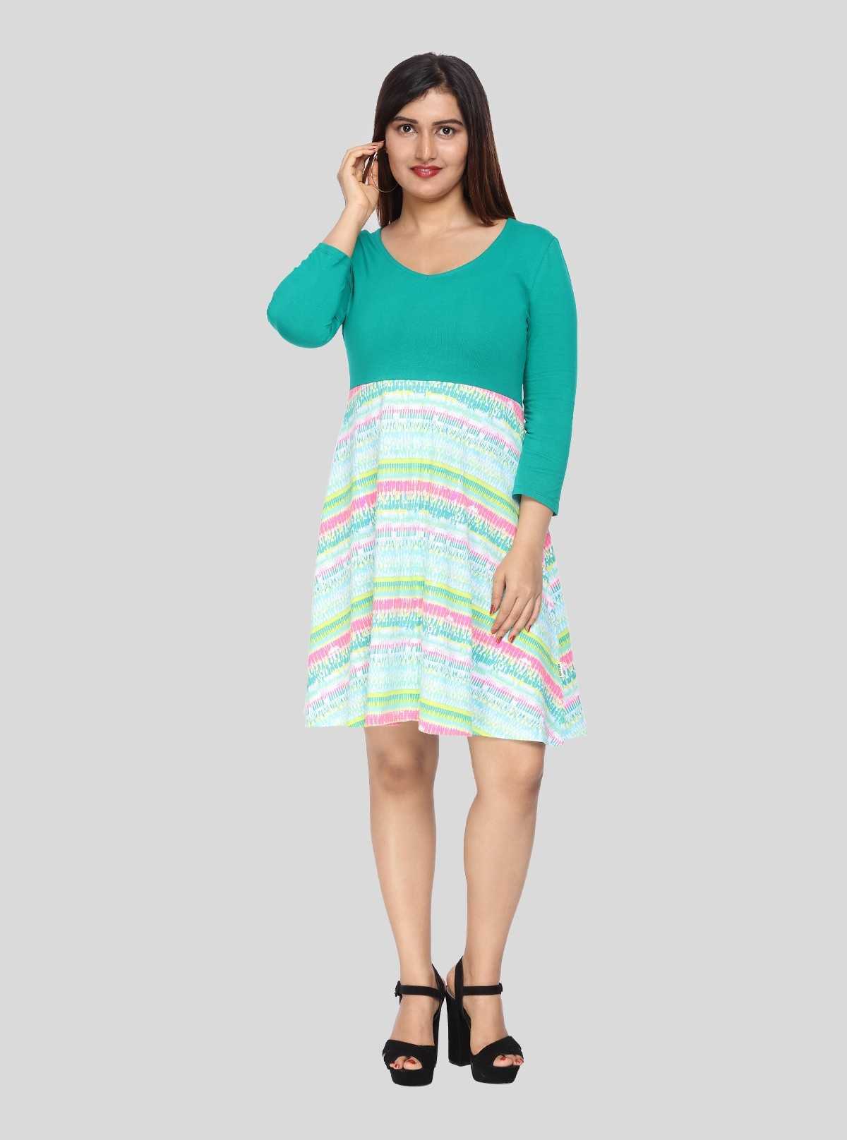 Women's Green Graphic Sweep Dress in 100% Cotton Feather Touch Fabric