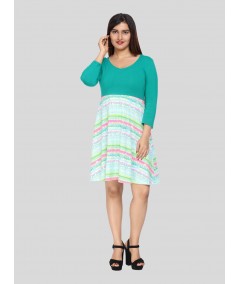 Women's Green Graphic Sweep Dress in 100% Cotton Feather Touch Fabric
