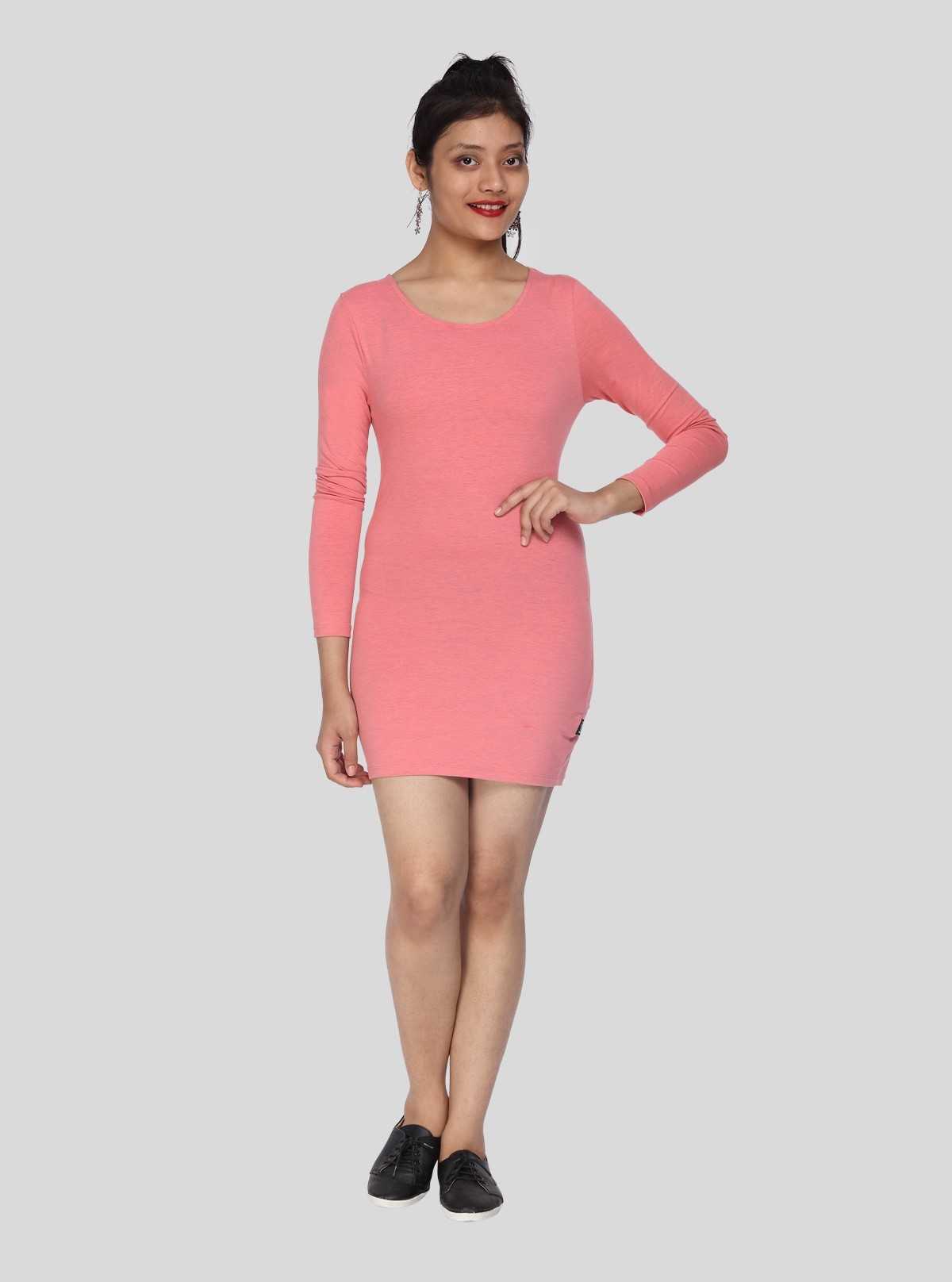 Women's Pastel Pink Long Sleeve Cotton Elastane Dress – Elegant Comfort