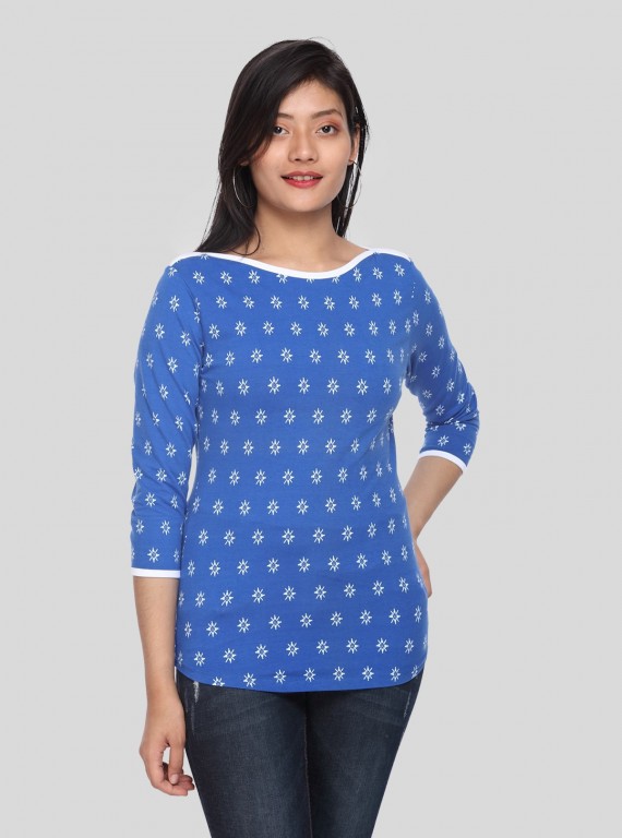 Women’s Blue white White Printed Cotton Fleece Sweat Top with Boat Neck