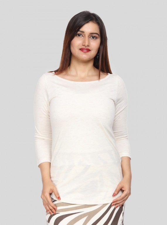 Women's Ecru Melange Scoop Neck Long Sleeve Cotton Jersey Top