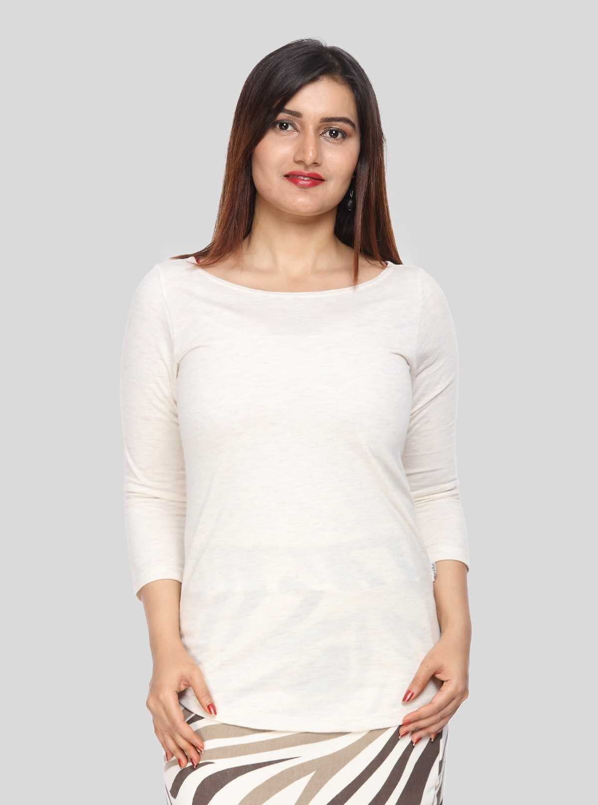 Women's Ecru Melange Scoop Neck Long Sleeve Cotton Jersey Top