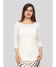 Women's Ecru Melange Scoop Neck Long Sleeve Cotton Jersey Top