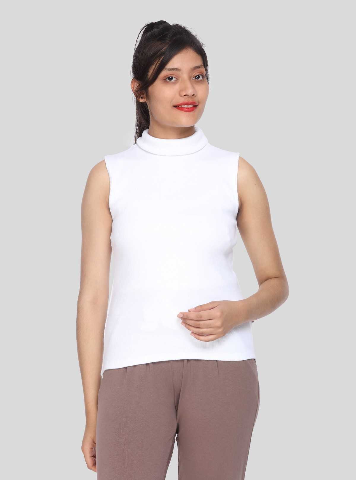 Women’s White Sleeveless Cotton Ribbed Turtle Neck Top