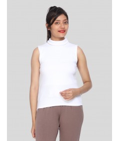 Women’s White Sleeveless Cotton Ribbed Turtle Neck Top