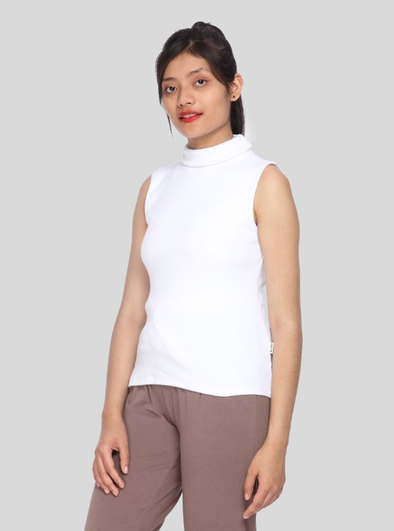 White Flat Knit High Neck Top